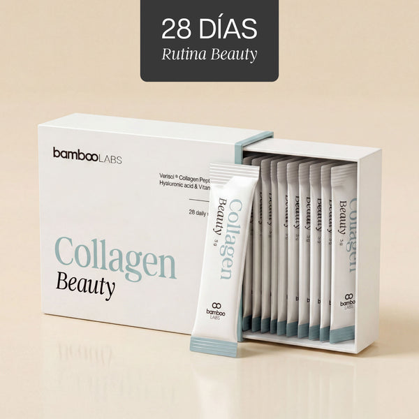 Caja de Collagen Beauty abierta con los 28 sticks de 3 g de colágeno Verisol® con ácido hialurónico y vitamina C